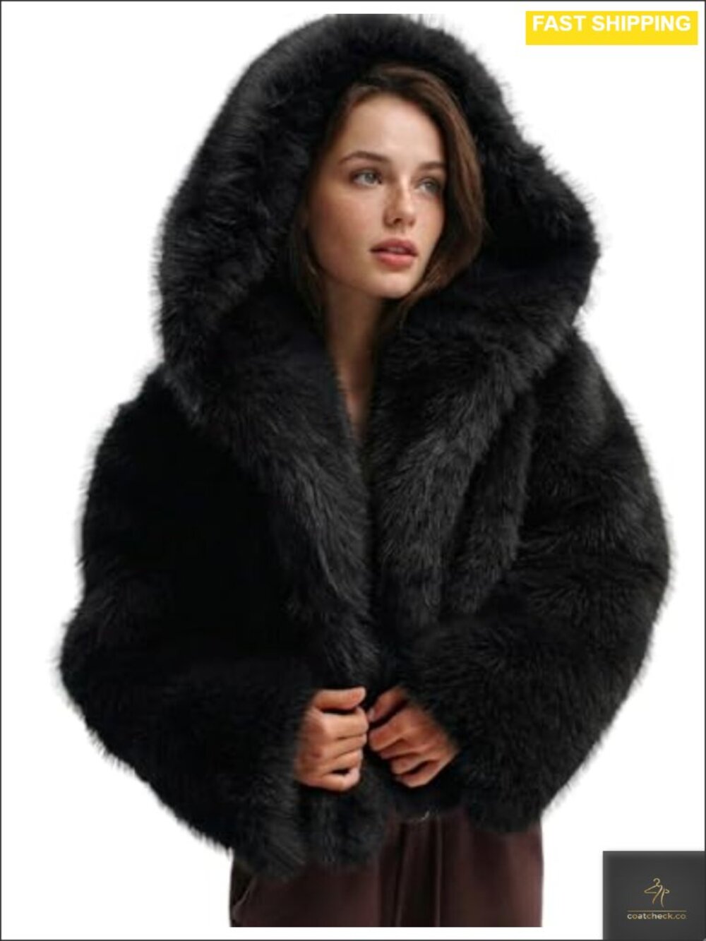 Faux Fur Hooded Coat Cropped Winter Jacket Warm Open Front